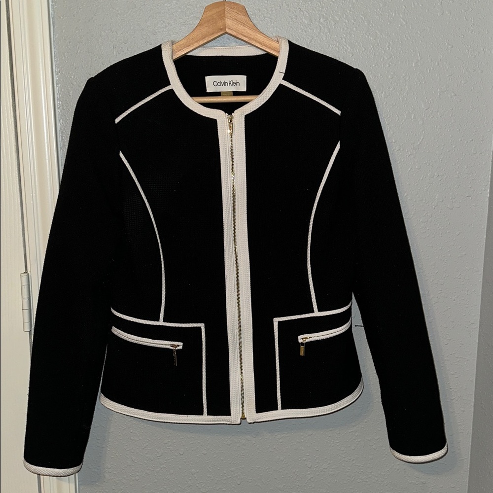 Calvin Klein Black Jacket with White Accents and Gold Hardware